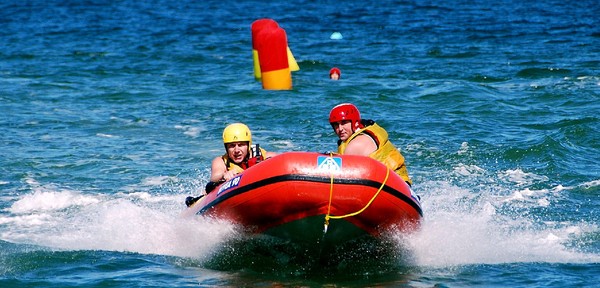 Mairangi Bay crew Danny Morrison (right) and Cameron Alison on their way to gold in the mass rescue at the world interclub IRB championships in Germany.